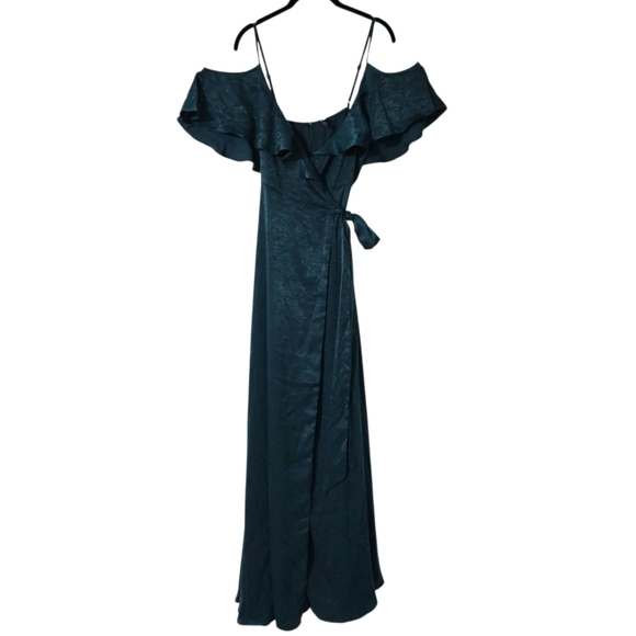 Lulus Moriah Emerald Green Satin Wrap Maxi Dress Medium - Picture 7 of 7